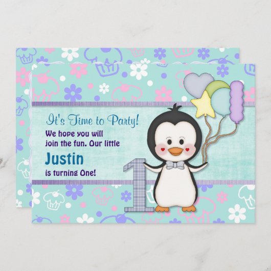 ペンギンかわいこちゃん – ボーイファースト誕生日 招待状 (正面/裏面)