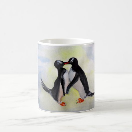 ペンギンがキスする水彩画のマグカップ コーヒーマグカップ (中央)