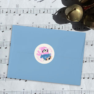ペンギンが光に絡まったクリスマスステッカー ラウンドシール