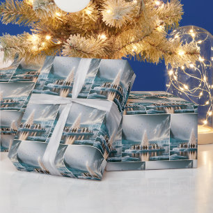 ペンギンが白いクリスマスツリーの周りに集まる ラッピングペーパー