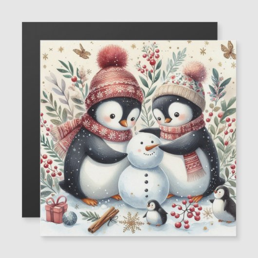ペンギンが雪だるまを作っている (正面/裏面)
