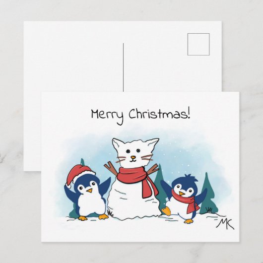 ペンギンが雪だるまを作っている クリスマス (正面/裏面)
