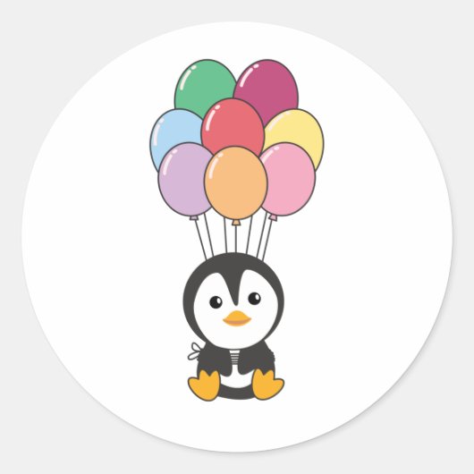 ペンギンが風船で飛びカラフル上がる ラウンドシール (正面)