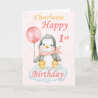 ペンギンが1歳の誕生日を祝う カード