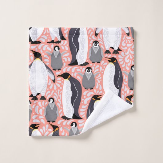 ペンギンとその子はピンクのパターンの上にいる ウォッシュタオル (ウォッシュタオル)