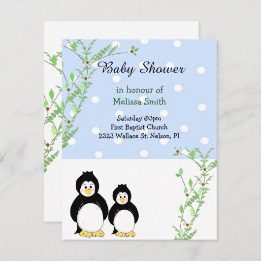 ペンギンとつる植物ベビーシャワー招待状 招待状 (正面/裏面)