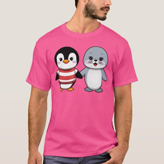 ペンギンとアザラシの友達 レトロ Tシャツ (正面)