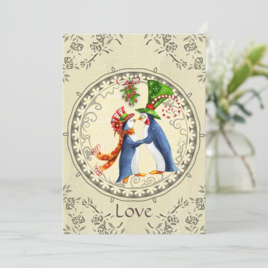 ペンギンとクリスマスの木の実 ヴィンテージ冬の結婚式のご案内 招待状 (スタンド正面)