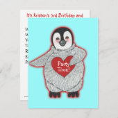 ペンギンとハート誕生日パーティーの招待 招待状 (正面/裏面)