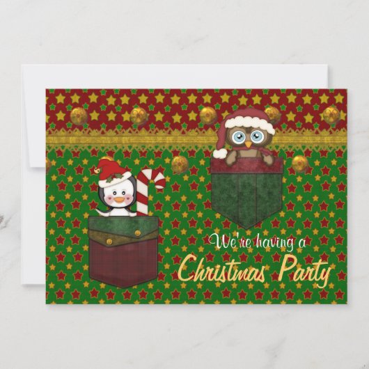ペンギンとフクロウ素朴のクリスマスパーティー – ブーン 招待状 (正面)