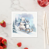 ペンギンとホッキョクグマがソリに乗る スタンダードカクテルナプキン (インサイチュ)
