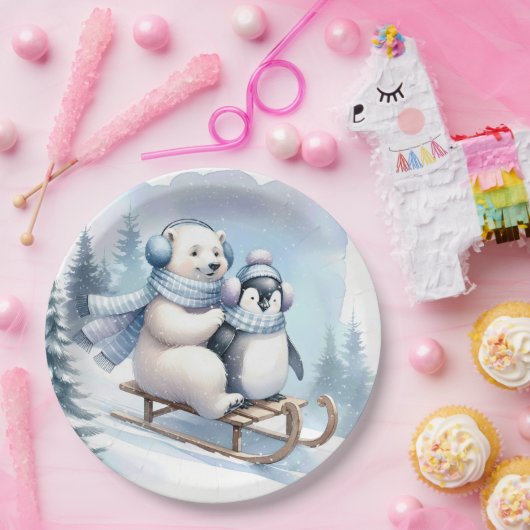 ペンギンとホッキョクグマがソリに乗る ペーパープレート (パーティー)