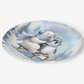 ペンギンとホッキョクグマがソリに乗る ペーパープレート (アングル)