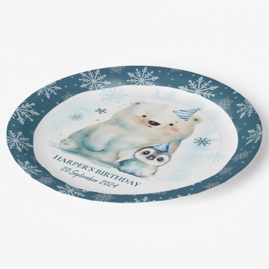 ペンギンとポーラーベアーウィンター誕生日 ペーパープレート (アングル)