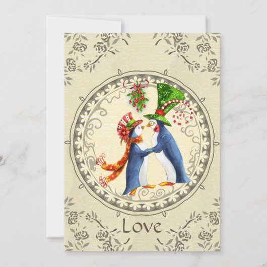 ペンギンとミスティルートのヴィンテージ冬のSave the Date 招待状 (正面)