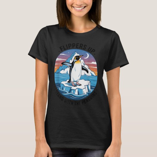 ペンギンと一緒に立つフリッパー Tシャツ (正面)