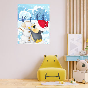ペンギンと雪だるまの冬の風景 ポスター