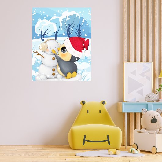 ペンギンと雪だるまの冬の風景 ポスター