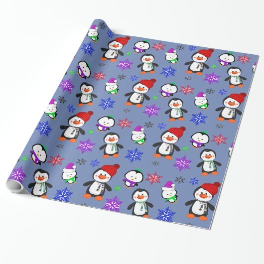 ペンギンと雪片かわいいクリスマス ラッピングペーパー (アンロールド)