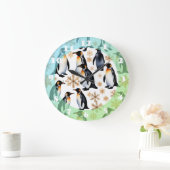 ペンギンと雪片クリスマスと新年 ラージ壁時計 (ホーム)