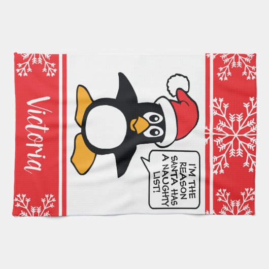 ペンギンのいけないリストのパーソナライズなクリスマス キッチンタオル (横)