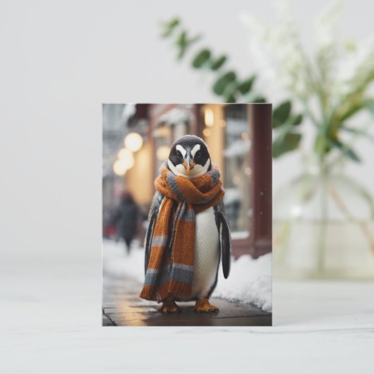 ペンギンのいる冬の不思議な街並み ポストカード (スタンド正面)