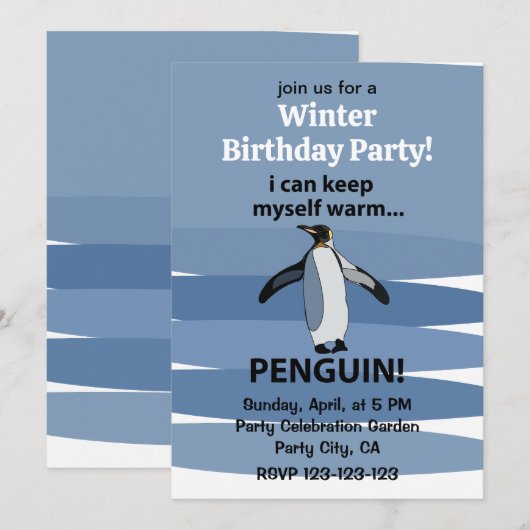 ペンギンのかわいい冬のパーティー 誕生日 招待状 (正面/裏面)