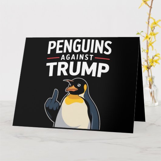 ペンギンのひれを上げてトランプに抵抗するペンギン カード (黄色い花)