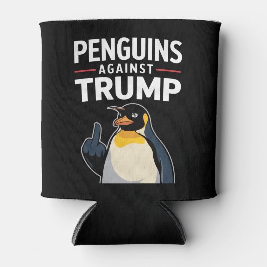 ペンギンのひれを上げてトランプに抵抗するペンギン 缶クーラー (正面)