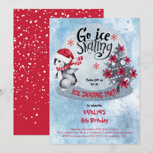 ペンギンのアイススケートホリデー 8歳の誕生日パーティー 招待状 (正面/裏面)