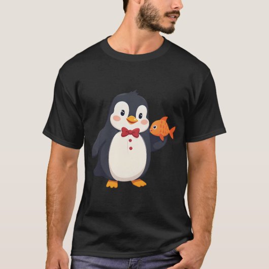 ペンギンのウェイターが魚料理を出す Tシャツ (正面)
