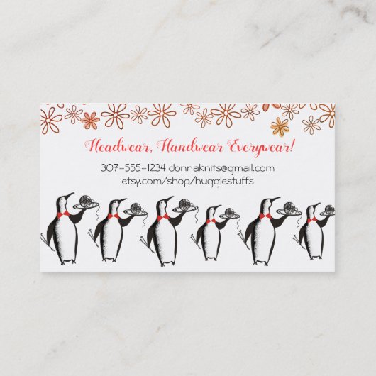 ペンギンのウェイターの編み物針ヤーンの名刺 名刺 (裏面)