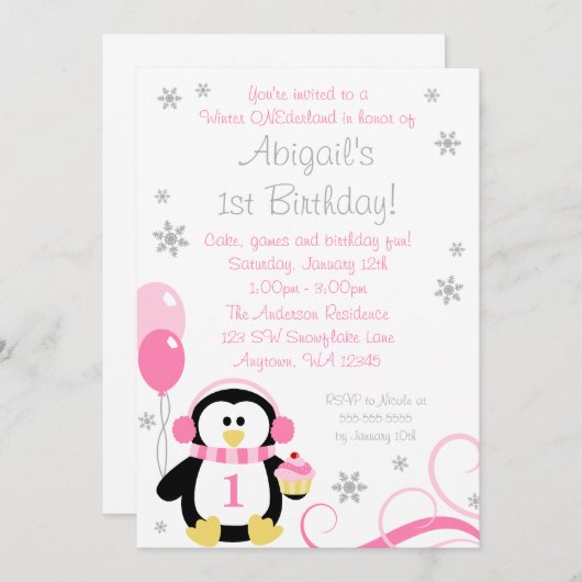 ペンギンのカップケーキが冬のオンダーランドピンクの灰色を渦巻く 招待状 (正面/裏面)