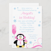 ペンギンのカップケーキが冬のオンダーランドピンク色のブルーに渦巻く 招待状 (正面/裏面)