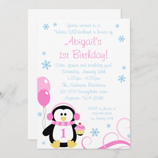 ペンギンのカップケーキが冬のオンダーランドピンク色のブルーに渦巻く 招待状 (正面/裏面)