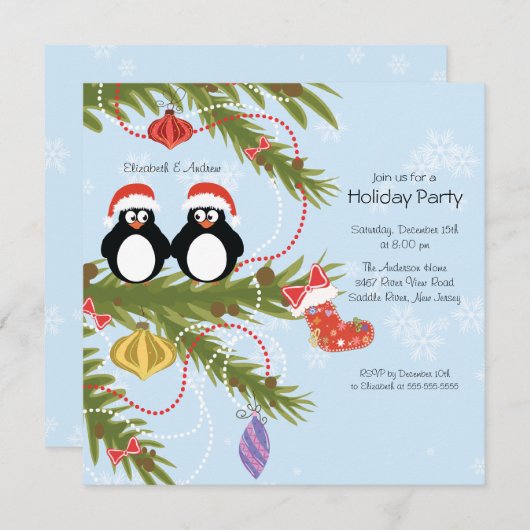 ペンギンのカップルのクリスマスの休日のパーティの招待状 招待状 (正面/裏面)
