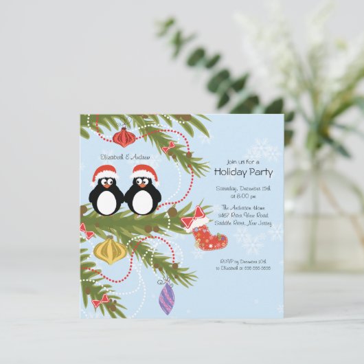 ペンギンのカップルのクリスマスの休日のパーティの招待状 招待状 (スタンド正面)
