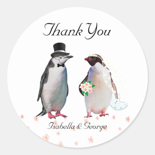 ペンギンのカップル ウェディングのお礼 ラウンドシール (正面)