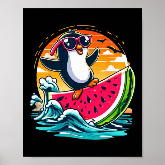 ペンギンのカップル スイカ サーフィン 夏の夕日 S ポスター (正面)