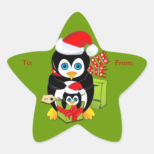 ペンギンのキュートなクリスマスステッカー 星シール (正面)