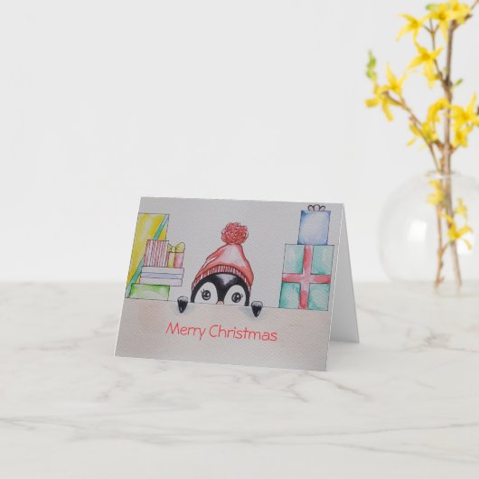 ペンギンのクリスマスグリーティングカード カード (黄色い花)