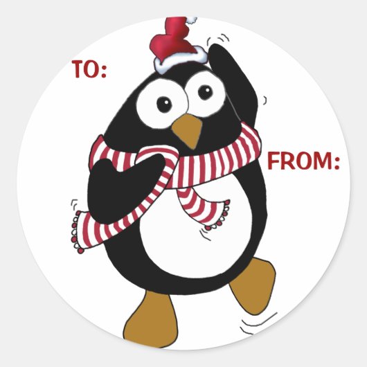 ペンギンのクリスマスステッカー: TOとFROM ラウンドシール (正面)