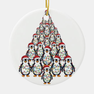 ペンギンのクリスマスツリーとサンタ帽子のクリスマスイルミネーション セラミックオーナメント