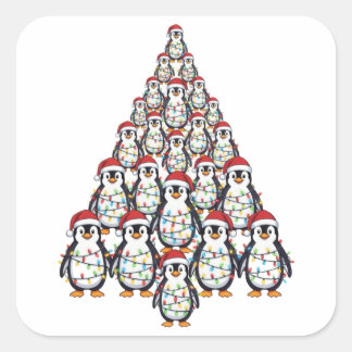 ペンギンのクリスマスツリーとサンタ帽子のクリスマスライト スクエアシール