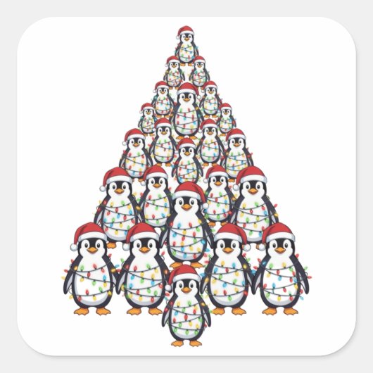 ペンギンのクリスマスツリーとサンタ帽子のクリスマスライト  スクエアシール (正面)