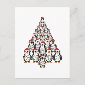 ペンギンのクリスマスツリーとサンタ帽子のクリスマスライト ポストカード