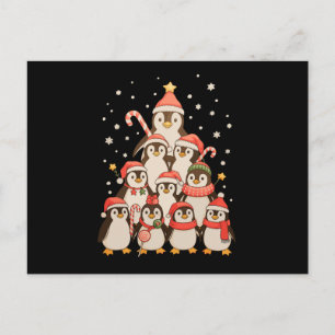 ペンギンのクリスマスツリー雪景色サンタ帽子Xmasホリデー シーズンポストカード