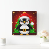 🐧 ペンギンのサンタ クリスマスツリーのホリデーFun ✨ スクエア壁時計 (ホーム)