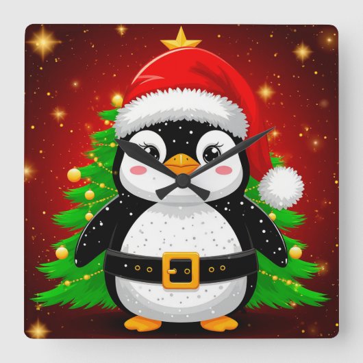 🐧 ペンギンのサンタ クリスマスツリーのホリデーFun ✨ スクエア壁時計 (正面)
