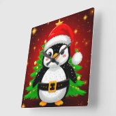 🐧 ペンギンのサンタ クリスマスツリーのホリデーFun ✨ スクエア壁時計 (傾斜)